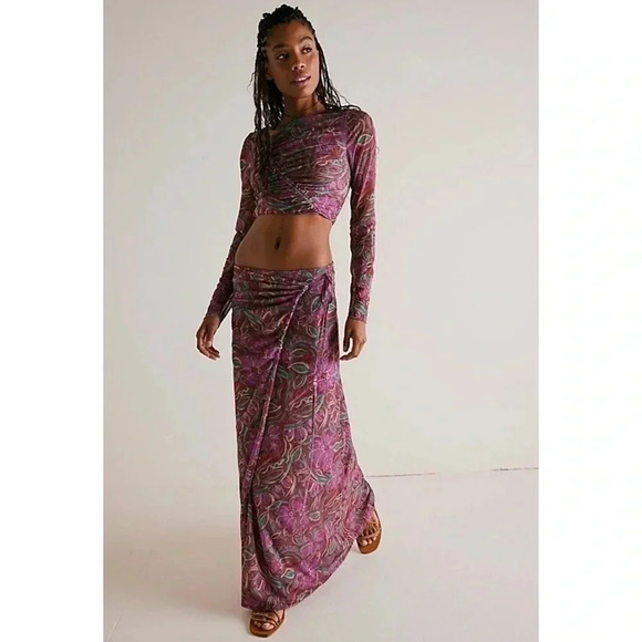 New Free People Supernova Set Two Piece Skirt Crop Top Long Sleeve Purple Small